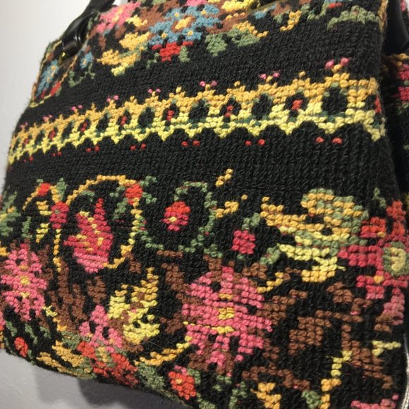 Vintage 50s 60s Needlepoint Tapestry Carpet Bag Black Colorful Floral Purse - Picture 12 of 16
